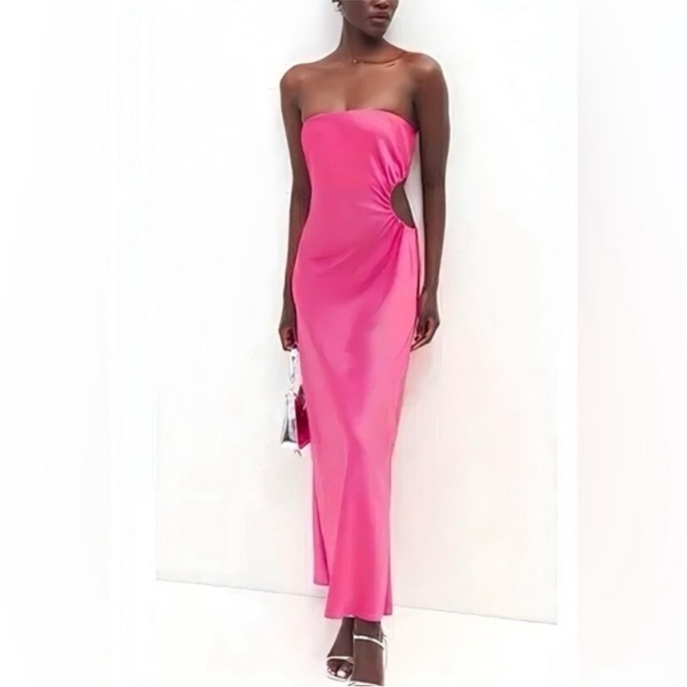 New Reformation Navaeh Satin Strapless Dress in Flambé Pink size Medium